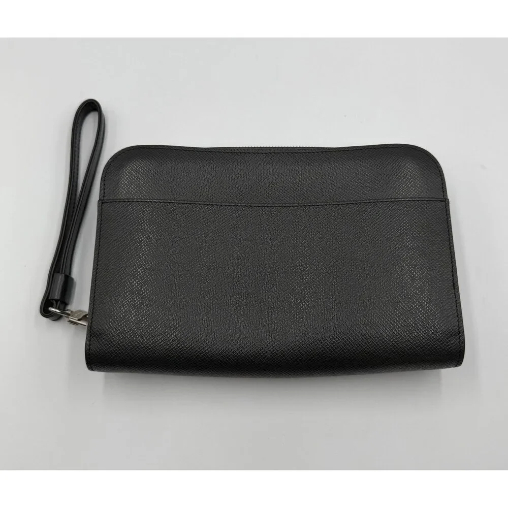 Authentic Louis Vuitton Taiga Baikal Clutch Bag Women Black Logo Genuine Leather